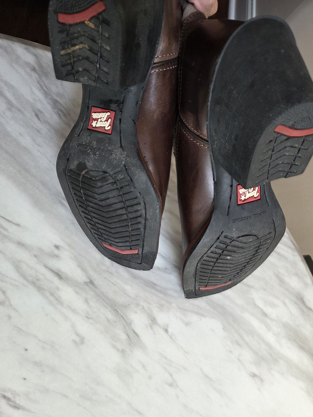 Tony Lama Brown Leather Western Boots with Gray Shaft and Lavender Stitching - Picture 4 of 6